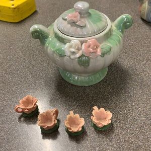 Green sugar bowl with flower cups